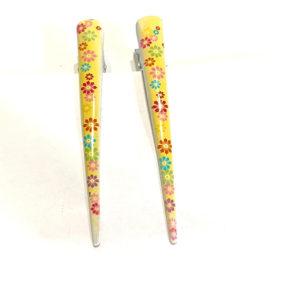 Updo Hair Clips Set Of 2 Yellow With Multi Colored Flowers - Picture 3 of 5
